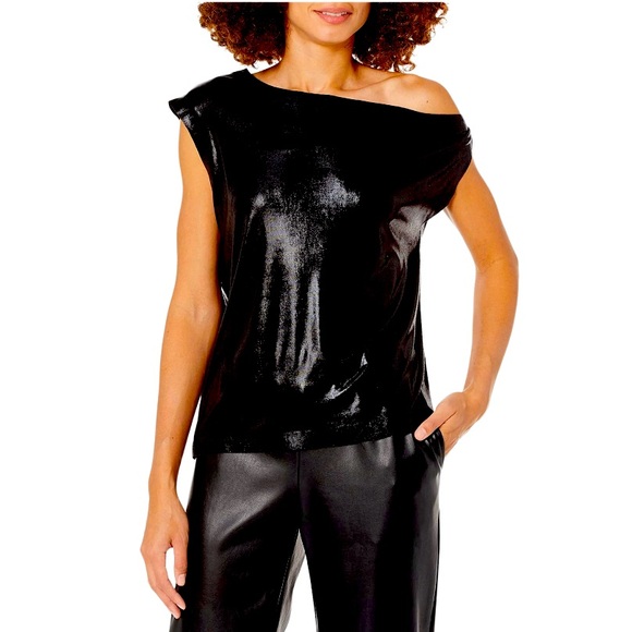 💜 Norma Kamali Drop Shoulder Top Black Lame  XS 💜 - Picture 1 of 9
